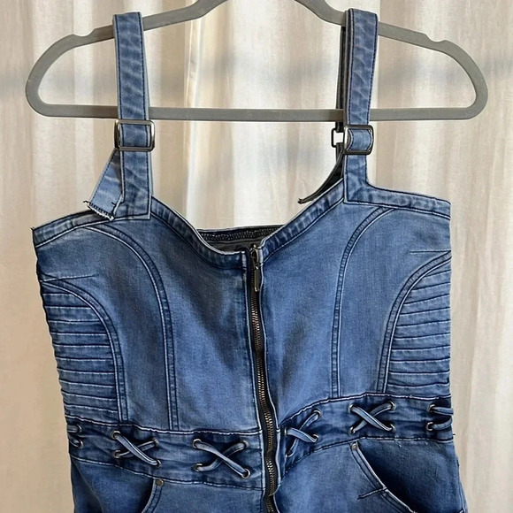 NWOT OXYGEN Denim Dress Adjustable Strap Pockets, Size L - Picture 2 of 11